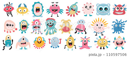 Cute monsters mega set in flat design. Bundle elements of colourful funny creatures with teeth, eyes and faces expressing playful and joyful emotions. Vector illustration isolated graphic objects Cute monsters mega set in flat design. Bundle elements of colourful funny creatures with teeth, eyes and faces expressing playful and joyful emotions. Vector illustration isolated graphic objects 110597506