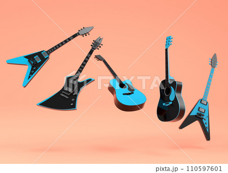 Set of electric acoustic guitars isolated on orange background. 110597601