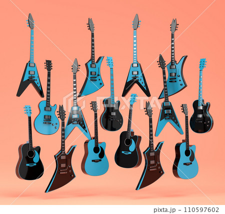 Set of electric acoustic guitars isolated on orange background. Set of electric acoustic guitars isolated on orange background. 110597602