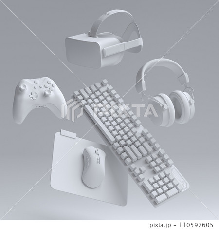 Top view gamer gears like joystick, keyboard, headphones and microphone 110597605