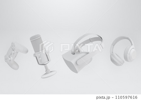 Top view gamer gears like joystick, keyboard, headphones and microphone 110597616