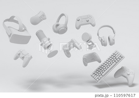 Top view gamer gears like joystick, keyboard, headphones and microphone 110597617