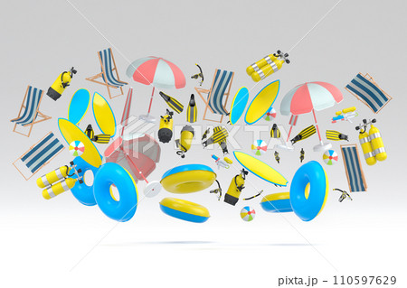 Many of flying suitcase or baggage with beach accessories on white background. Many of flying suitcase or baggage with beach accessories on white background. 110597629