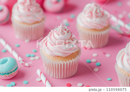 Pink table top on pink background with decorated lollipops and cupcakes, children birthday party 110598075