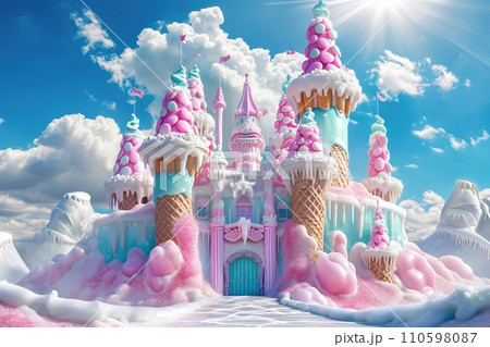 Candy castle, featuring ice cream cone turrets, a frosting covered drawbridge Candy castle, featuring ice cream cone turrets, a frosting covered drawbridge 110598087