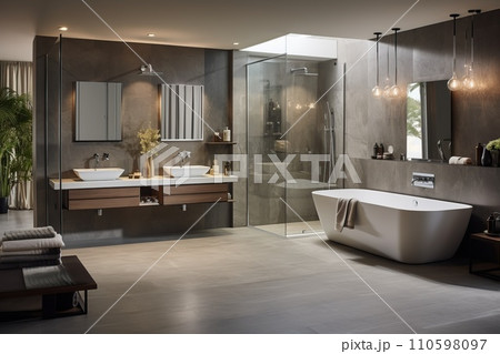 Bathroom with smooth surfaces and minimal design details, embodying a sense of streamlined elegance Bathroom with smooth surfaces and minimal design details, embodying a sense of streamlined elegance 110598097