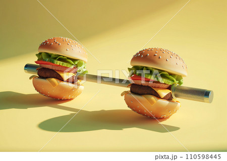 Burger dumbbell, bad fitness nutrition. Barbell with two burgers. Creative concept for a healthy lifestyle, sport and bodybuilding. Weight training and wrong diet, funny food, eating junk food Burger dumbbell, bad fitness nutrition. Barbell with two burgers. Creative concept for a healthy lifestyle, sport and bodybuilding. Weight training and wrong diet, funny food, eating junk food 110598445