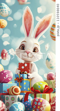 AI-generated content. Joyful Easter Bunny with Gifts and Painted Eggs 110598640
