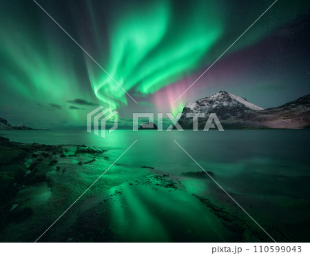 Aurora borealis over the sea, snowy mountains at starry night Aurora borealis over the sea, snowy mountains at starry night 110599043