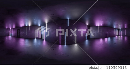 Dark Room With Purple Ceiling Light 360 panorama vr environment map 3D render illustration Dark Room With Purple Ceiling Light 360 panorama vr environment map 3D render illustration 110599318