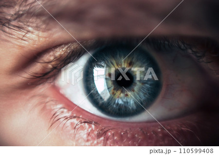 Eye close view. Human eye glance photo background. Emotional look 110599408