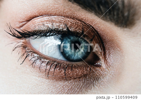 Eye close view. Human eye glance photo background. Emotional look 110599409