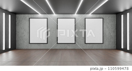 Empty Room With Three Large empty picture frames and Wooden Floor 3d render illustration Empty Room With Three Large empty picture frames and Wooden Floor 3d render illustration 110599478