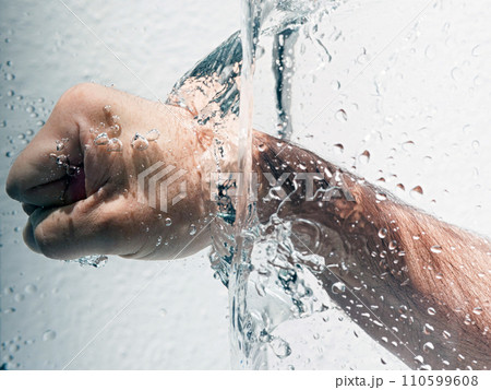 Hands wash procedure, cleaning hands with soap from viruses and contamination. Wash hands before dinner 110599608