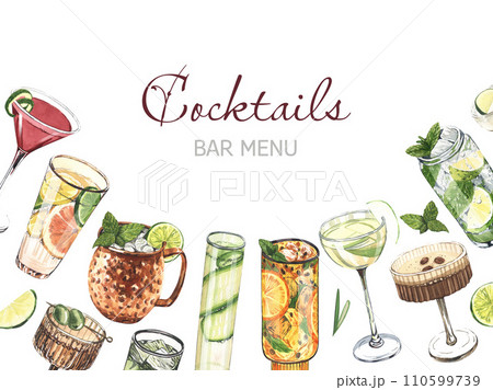 Cocktail glasses: martini, gin, margarita, mojito, liquor, rum, moscow mule. Watercolor hand-drawn illustration isolated on white background. Perfect for bar menu with alcoholic drinks, for cafe 110599739