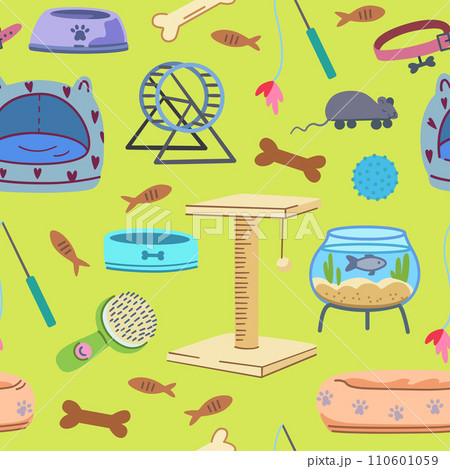 Seamless pattern with pet supplies. Elements of veterinary and pet shop elements, food, toys, cages, beds. Vector illustration. Seamless pattern with pet supplies. Elements of veterinary and pet shop elements, food, toys, cages, beds. Vector illustration. 110601059