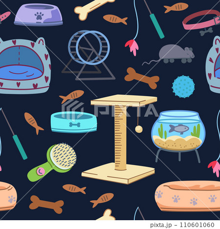 Seamless pattern with pet supplies. Elements of veterinary and pet shop elements, food, toys, cages, beds. Vector illustration. Seamless pattern with pet supplies. Elements of veterinary and pet shop elements, food, toys, cages, beds. Vector illustration. 110601060