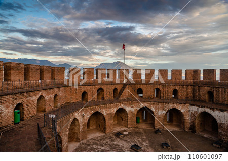 Upper part of the historical Red Tower Kizil Kule, in Alanya Castle. The Red Tower is the symbol of the Alanya city, and the famous touristic place, Turkey 110601097