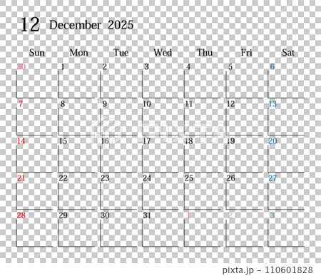 2025年12月、日本のカレンダー 110601828