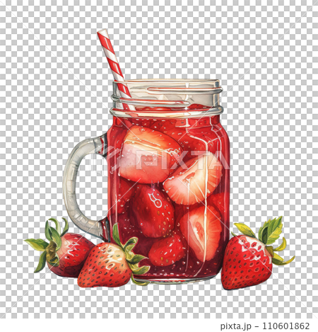 Jar of strawberries with a straw. AI generated image 110601862