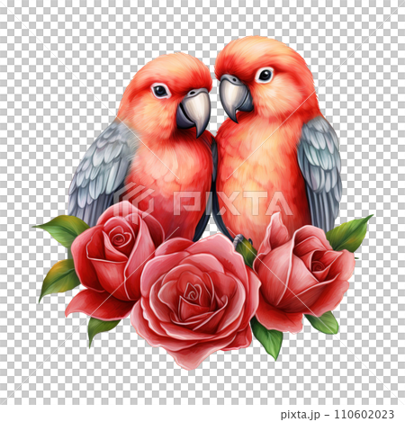 Lovebird sitting on a branch with roses. AI generated image 110602023