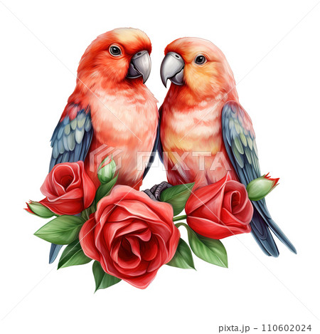 Lovebird sitting on a branch with roses. AI generated image 110602024
