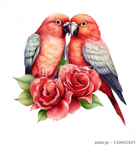 Lovebird sitting on a branch with roses. AI generated image 110602025