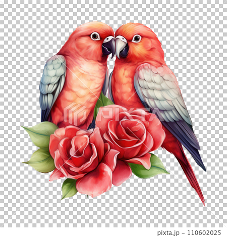 Lovebird sitting on a branch with roses. AI generated image 110602025