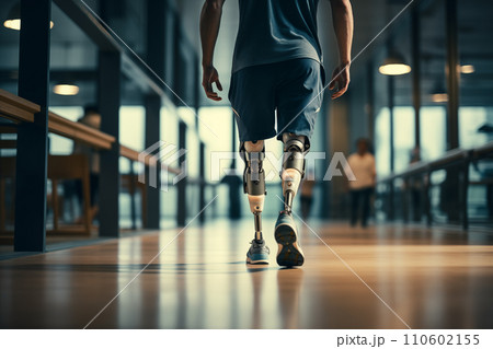 Unrecognizable Amputee Sportsman Walking with Bionic Prosthetic Legs Unrecognizable Amputee Sportsman Walking with Bionic Prosthetic Legs 110602155