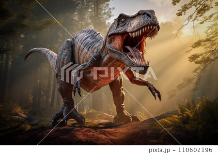 Tyrannosaurus rex roaring in a prehistoric forest with ferns and sunlight Tyrannosaurus rex roaring in a prehistoric forest with ferns and sunlight 110602196