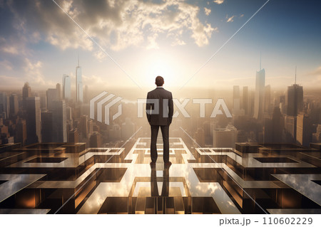 Businessman Standing on Rooftop with Futuristic City Skyline at Sunrise 110602229