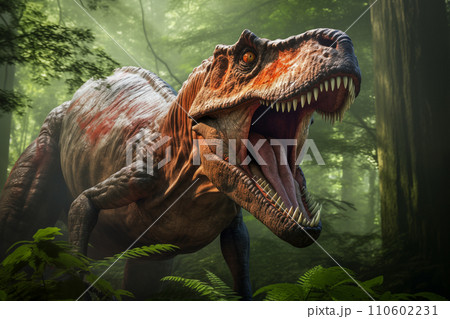 Tyrannosaurus rex roaring in a prehistoric forest with ferns and sunlight Tyrannosaurus rex roaring in a prehistoric forest with ferns and sunlight 110602231