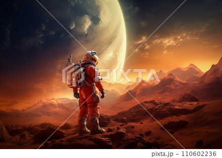 Astronaut Walking on Mars with Mountains and Moon in Background 110602236