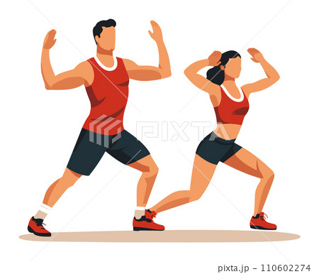 Man and woman jogging in sportswear, athletic couple running. Exercise, fitness duo, and active lifestyle vector illustration. 110602274