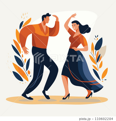 Hispanic couple dancing salsa joyfully, man in hat, woman in flowing dress. Latin dance, cultural celebration, festive mood vector illustration. Hispanic couple dancing salsa joyfully, man in hat, woman in flowing dress. Latin dance, cultural celebration, festive mood vector illustration. 110602284