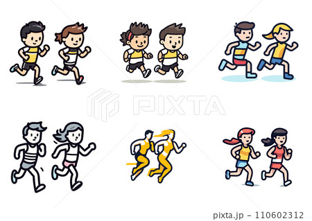 Set of diverse couples jogging together, engaged in a healthy, active lifestyle. Cartoon characters running, fitness exercise. Vector illustration Set of diverse couples jogging together, engaged in a healthy, active lifestyle. Cartoon characters running, fitness exercise. Vector illustration 110602312