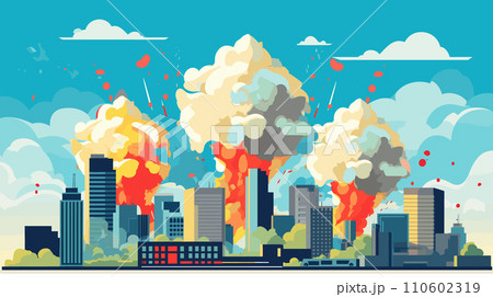 City skyline with explosions, smoke, and fire in modern urban setting. Catastrophic event in downtown district. Disaster scenario, urban crisis vector illustration. 110602319