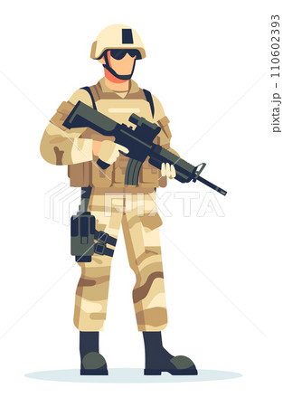 Soldier in camouflage uniform with helmet holding a rifle. Military service member, ready for duty vector illustration. Soldier in camouflage uniform with helmet holding a rifle. Military service member, ready for duty vector illustration. 110602393