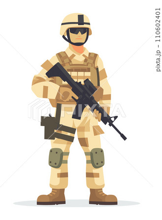 Soldier in desert camouflage uniform standing with rifle. Military person with protective gear and weapon vector illustration. 110602401