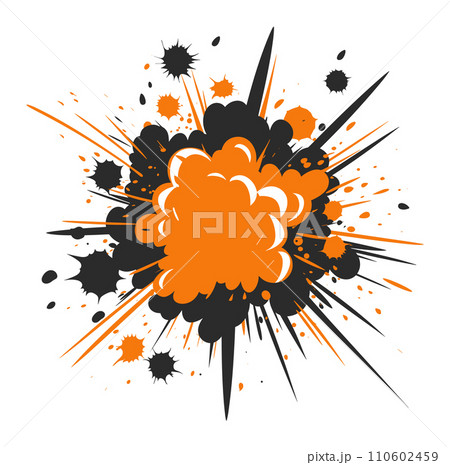Orange and black comic book explosion bubble with splatter effects. Dynamic action boom blast concept. Excitement and energy vector illustration. 110602459