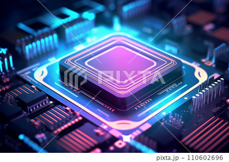 Close-up of a computer processor chip on a motherboard 110602696