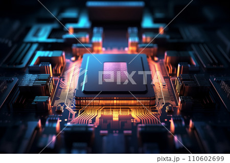 Close-up of a computer processor chip on a motherboard 110602699