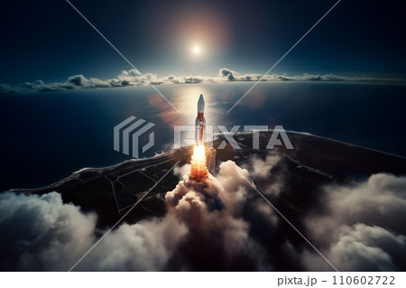 Aerial view of rocket launch at sunrise over ocean coast Aerial view of rocket launch at sunrise over ocean coast 110602722