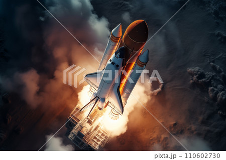 Aerial view of rocket launch at sunrise over ocean coast Aerial view of rocket launch at sunrise over ocean coast 110602730