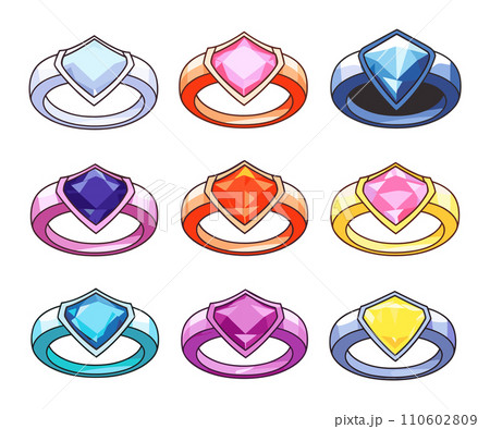 Collection of nine colorful gemstone rings, various colors, shield-shaped jewels cartoon. Different ring bands, diamond luxury engagement fashion vector illustration. 110602809