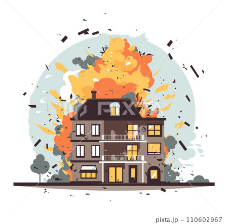 Explosive house fire with flames and debris. Emergency situation, residential building on fire with explosive burst. Disaster and accident concept vector illustration. 110602967