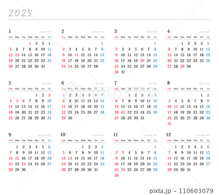 2025年日本の年間カレンダー 110603079