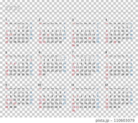 2025年日本の年間カレンダー 110603079