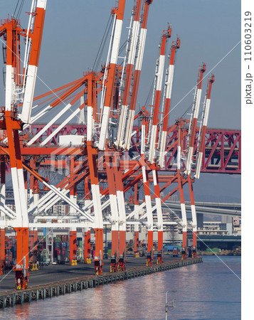 大阪港内港のガントリークレーンとコンテナターミナル 110603219