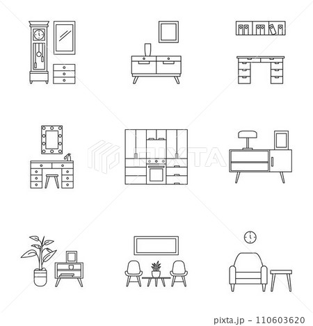 Modern home furniture icon set. Outline set of 9 modern home furniture vector icons for web design isolated on white background 110603620